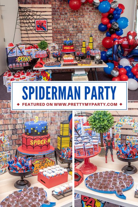 Spiderman 3rd Birthday Party - Pretty My Party - Party Ideas Spiderman 3rd Birthday Party, Spiderman 3rd Birthday, 3rd Birthday Decorations, Spiderman Birthday Party Food, Spiderman Theme Party, Desserts Birthday, Superman Birthday Party, Spiderman Birthday Party Decorations, Birthday Deco