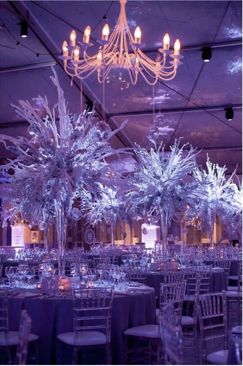 Icy Theme Party, Ice Prom Theme, Ice Theme Sweet 16, Fire And Ice Gala Theme, Winter Wonderland Banquet Decor, Wonderland Centerpieces, Winter Wonderland Centerpieces, Cotton Gin, Ice Party