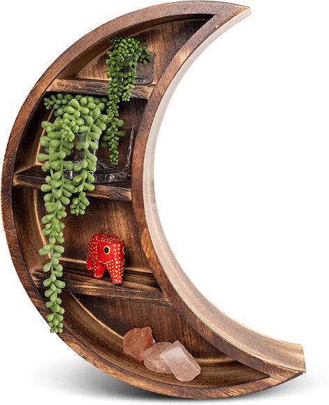 Fantasy Room Aesthetic, Enchanted Forest Bedroom, Shelf Aesthetic, Crystal Display Shelf, Shelf Wall Decor, Moon Shelf, Fantasy Room, Wooden Moon, Oil Shelf