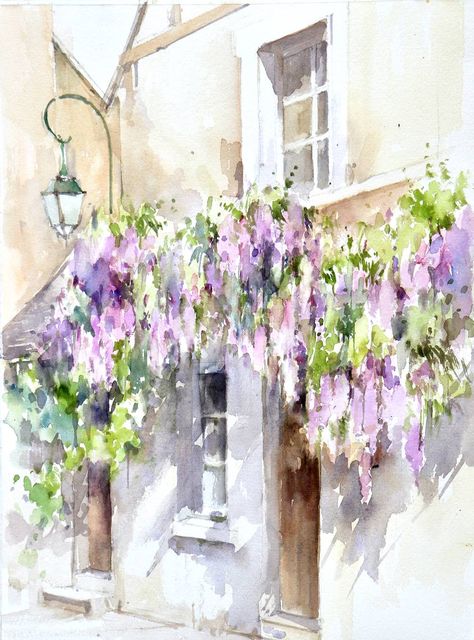 How To Paint Wisteria, Watercolour Wisteria, Wisteria Illustration, Wisteria Painting, Cottagecore Painting, Watercolour Artists, Collage Pictures, Watercolour Inspiration, Watercolor Flower Art