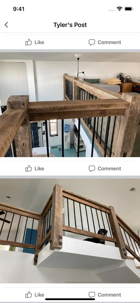 Reclaimed Wood Stair Railing, Log Railings For Stairs, Rustic Stair Banister Ideas, 2nd Floor Railing Ideas, Rustic Modern Stair Railing, Loft Handrail Ideas, Country Home Staircase, Modern Farmhouse Stairs Railing, Rustic Railings For Stairs Loft