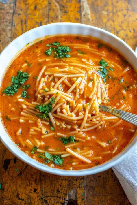 An authentic Sopa de Fideo recipe, you will be surprised how easy, quick and delicious this soup is. It’s one of Mexico’s most classic soup recipes made with tomatoes, noodles, garlic, and broth. Loved by kids and adults alike. Vegan Fideo Soup, Tomato Soup And Noodles, Tomato Bullion Recipes, Easy Stovetop Soup, Chicken Fideo Soup, Authentic Fideo Recipe Mexican, Spaghetti Soup Recipes Ground Beef, Mexican Pasta Soup, Soups To Make When Sick