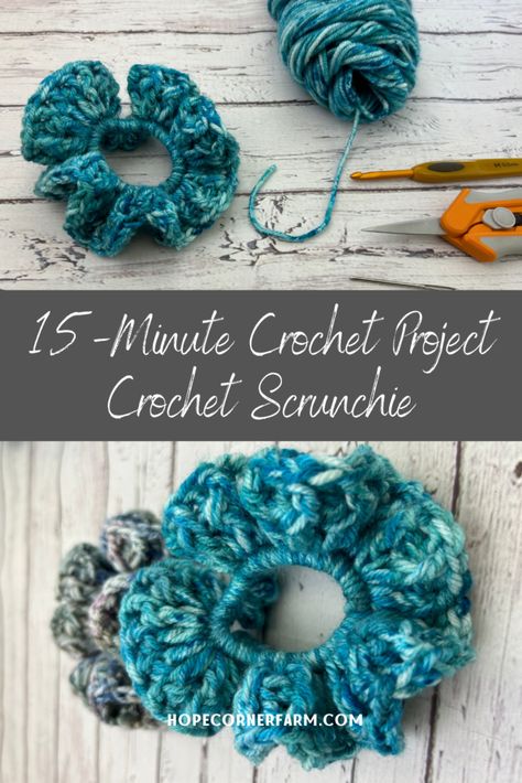 Crochet Scrunchie - Hope Corner Farm Beginner Crochet Scrunchie, Crochet Scrunchie Pattern Free Easy, Scrunchie Crochet Free Pattern, Crochet Scrunches, Crochet Scrunchie Pattern Free, Scrunchies Pattern, Etsy Crochet Patterns, Scrunchies Crochet, Yarn Projects Crochet