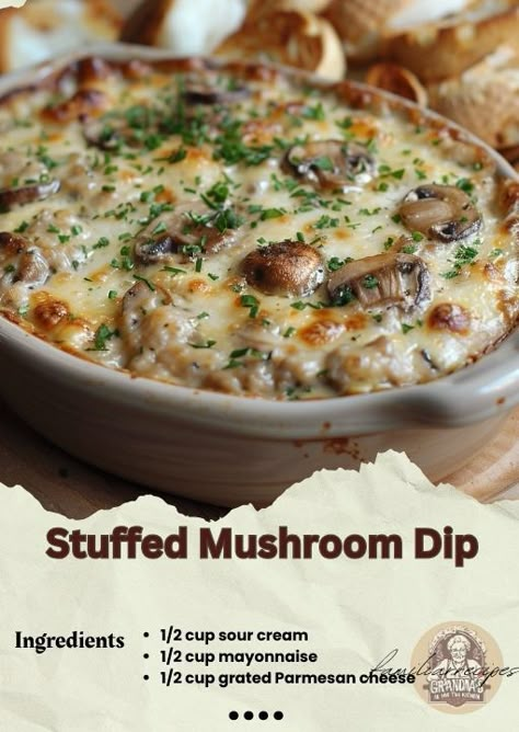 Stuffed Mushroom Dip, Mushroom Dip, Stuffed Mushroom, Kid Desserts, Dip Recipes Easy, Dessert Salads, Appetizer Dips, Mushroom Recipes, Parmesan Cheese