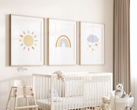 Kids Playroom Wall Art, Sunshine Nursery Theme Artwork, Baby Room Prints, Sunshine Nursery, Clouds Nursery, Kids' Playroom, Neutral Boho, Boho Nursery Decor, Playroom Wall Art