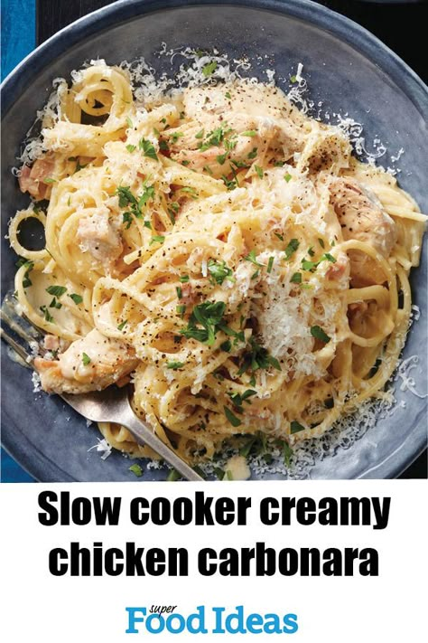 Creamy Chicken Carbonara, Chicken Carbonara Pasta, Easy Carbonara, Easy Carbonara Recipe, Chicken Carbonara Recipe, Slow Cooker Pasta Recipes, Creamy Spaghetti, Slow Cooker Creamy Chicken, Slow Cooker Spaghetti