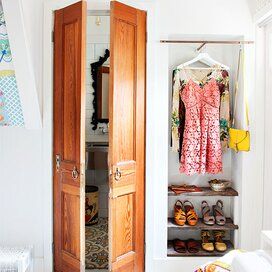 double doors to bathroom Closet No Doors Ideas, Closet No Doors, No Closet Bedroom, Closet Bedroom Ideas, Closet Makeover On A Budget, Loft Bedrooms, Painted Closet, Home Office Closet, Glass Closet