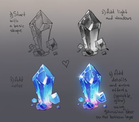 Crystal drawing tutorial Crystal Shard Drawing, Crystal Drawings Easy, How To Draw Crystals Digital, How To Draw A Gemstone, Crystal Reference Drawing, Gem Tutorial Digital, Crystal Art Tutorial, How To Shade Crystals, Crystals Digital Art