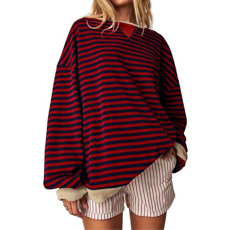 PRICES MAY VARY. 【What Material We Use】: We believe in providing our customers with the best quality products. Women oversized striped sweatshirt is made of high quality cotton blend, it is super soft, stretchy, breathable and skin-friendly, to keep you comfortable and relaxed all day, suitable for Spring, Summer and Autumn. 【Colorblock Tops Chic Design】: Color block striped sweatshirt for women girls, crew neck long sleeve drop shoulder shirt top, ribbed neck, cuffs and hem, loose fit. The uniq Sweatshirts Y2k, Trendy Fall Clothes, Sweatshirts Graphic, Sweatshirts Oversized, Y2k Shirts, Trendy Sweatshirts, Sweater Graphic, Green Y2k, Striped Sweatshirt