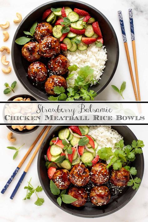 Chicken Meatball Rice Bowls Pollo Bowl, Meatball Rice, Asian Chicken Meatballs, Strawberry Cucumber, Balsamic Glazed Chicken, Chicken Meatball, Glazed Meatballs, Cooking Jasmine Rice, Strawberry Balsamic