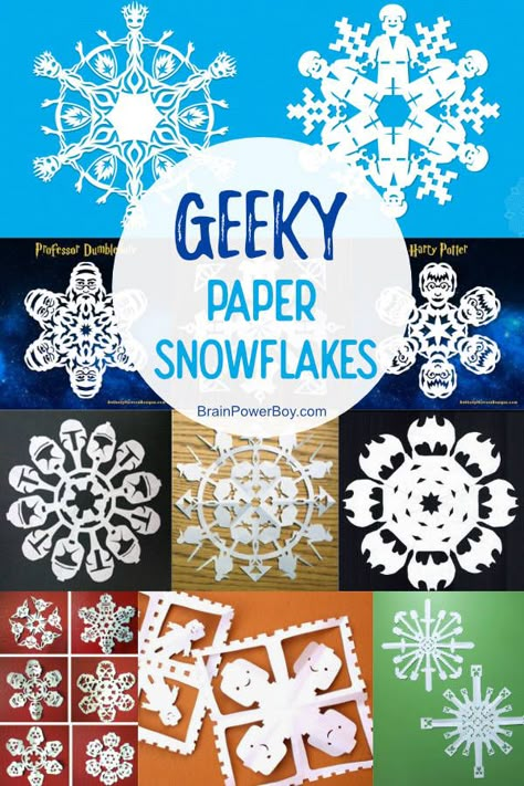 Not to be missed Geeky Paper Snowflakes. Includes LEGO, Minecraft, Zelda, Super Mario Bros, Harry Potter, Star Wars, Guardians of the Galaxy, Dr. Who and more! Harry Potter Snowflake Template, Harry Potter Snowflakes, Paper Snowflake Patterns Templates, Cute Diy Paper Crafts, Diy Paper Crafts Ideas, Snow Flake Pattern, Star Wars Snowflakes, Paper Snowflake Template, Boy Crafts