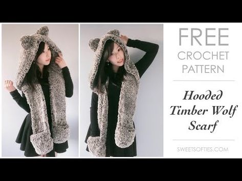 Hooded Timber Wolf Scarf (Free Crochet Pattern) - Sweet Softies Woodland Hooded Scarf With Pockets, Wolf Hat Crochet Pattern, Crochet Wolf Hat Pattern Free, Hoodie Crochet Pattern, Crochet Wolf, Crochet Cowl Free Pattern, Crochet Hooded Scarf, Crochet Hood, Timber Wolf