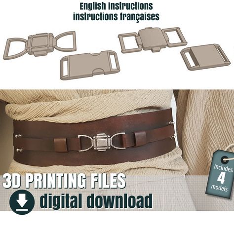 3D print files: JEDI BELT BUCKLE PDF sewing pattern: JEDI BELT * STL file and belt pattern only * (complete costume pattern is also available) This set contains 4 3D printing files to create the belt buckles of the different characters wearing the classic Jedi outfit:  - Obi-Wan Kenobi's belt buckle.  - Qui-Gon Jinn's belt buckle.  - The belt buckle of Anakin Skywalker and Mace Windu.  - A more generic belt buckle. In addition, you will have, as a bonus, the pattern to make the complete leather belt (sizes XS to 5XL). The perfect set to complete your Jedi costume. Belt Buckles Size:   - Obi-Wan Kenobi: 28mm X 74mm   - Qui-Gon Jinn: 32mm X 73mm   - Anakin Skywalker and Mace Windu: 24mm X 59mm   - Jedi: 24mm X 45mm These belt buckles are easy to print with no support. Perfect for those new t Jedi Belt, 3d Printing Files, Jedi Outfit, Jedi Costume, Qui Gon, Belt Pattern, Mace Windu, Costume Patterns, Anakin Skywalker