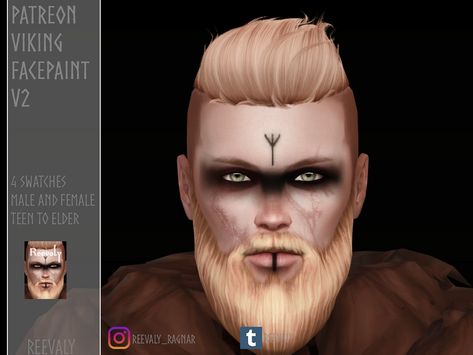 Reevaly is creating Sims 4 custom content | Patreon Viking Face Paint, Viking Makeup, Sims Love, Viking Aesthetic, Sims Medieval, Viking Beard, Nordic Vikings, Sims 4 Cas, Viking Tattoos