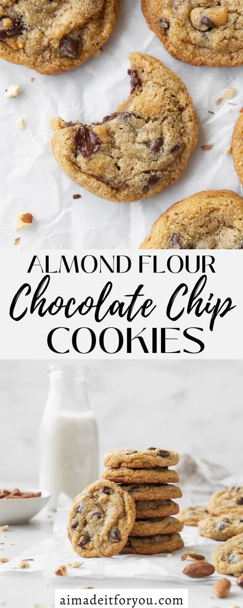 These almond flour chocolate chip cookies are the perfect soft and chewy cookies for anyone avoiding flour or gluten. They have a crisp exterior and a soft gooey center - the quintessential perfect cookie texture! #glutenfreecookies #almondflourcookies #almondcookies #cookierecipe #glutenfreedesserts Almond Meal Chocolate Chip Cookies, Gluten Free Cookie Recipes Almond Flour, Almond Flour Choc Chip Cookies, Healthy Cookie Recipes Almond Flour, Almond Flour Skillet Cookie, Chocolate Chip Cookies Made With Almond Flour, Cookie Recipes With Almond Flour, Healthy Keto Cookies, Chewy Almond Flour Cookies