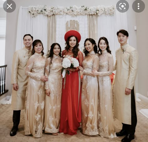 Vietnamese Wedding Ceremony, Mexican Vietnamese Wedding, Viet Wedding Dress, Chinese Wedding Bridesmaids, Bridesmaid Ao Dai Tea Ceremony, Tea Ceremony Ao Dai, Vietnamese Wedding Reception, Vietnamese Bridesmaid Dresses, Vietnamese Tea Ceremony Dress