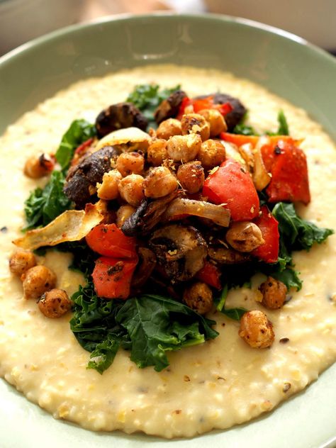 Grits and Greens Supreme - The Vegan Soprano Main Courses Grits And Greens, Vegan Catering, Creamy Grits, Grits Recipe, Easy Veggie, Food Vegan, Southern Comfort, Cereal Recipes, Vegan Meals