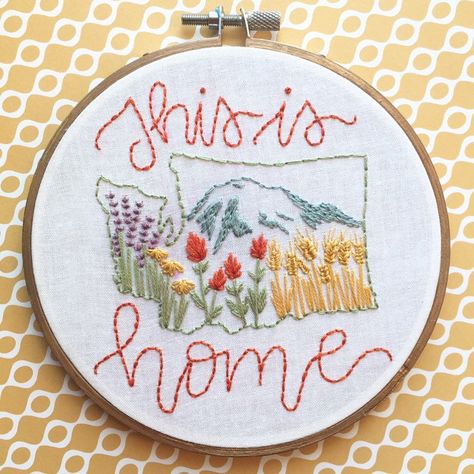 Pnw Embroidery, Montana Embroidery, North Carolina Embroidery, State Flowers Embroidery Patterns, Mountain Landscape Embroidery, Mt Rainier, Wooden Hoop, New Hobbies, White Fabric