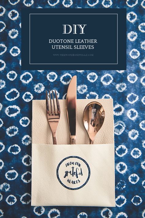 These upcycled leather scraps find new life as stylish and chic DIY utensil sleeves for a Thanksgiving rehearsal dinner. Leather Wedding Decor, Coastal Virginia, Diy Utensils, Diy Wedding Ideas, Cricut Wedding, Holiday Favorite Recipes, Upcycled Leather, Leather Scraps, Leather Wedding