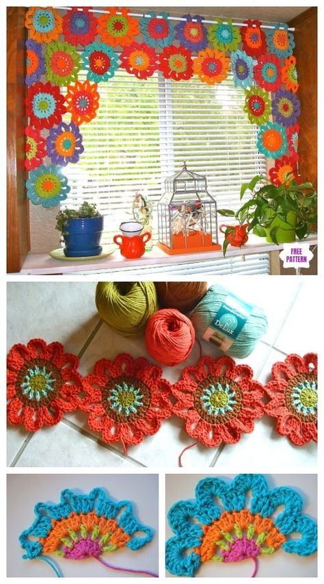 Flower Curtains, Leg Warmers Crochet Pattern, Diy Crochet Flowers, Crochet Curtain Pattern, Crochet Puff Flower, Crochet Leg Warmers, Flower Curtain, Crochet Flowers Free Pattern, Crochet Pillow Cover