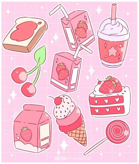 Food Drawings Cute, Sticker Inspo, Sweet Drawings, Pink Food, 귀여운 음식 그림, Food Drawings, Seni Dan Kraf, Stickers Kawaii, Cute Food Drawings