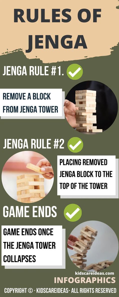 Rules Of Jenga Infographics Jenga Rules, Jenga Tower, Jenga Game, Jenga Blocks, Tower Games, Baby Boom, Funny Dog Pictures, School Project, Family Games