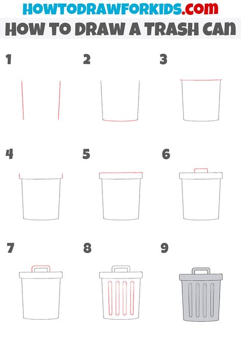 How to Draw a Trash Can step by step How To Draw Trash Can, Trash Can Drawing Simple, Trash Can Drawing, Bin Drawing, Trash Can Drawing Sketch, Trash Can Doodle, Picking Up Trash Drawing, Littering Trash, Easy Drawing Steps