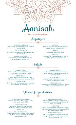 Middle Eastern Menu Templates - Easy to Edit - MustHaveMenus Middle Eastern Restaurant Menu Design, Middle Eastern Menu Design, Arabic Food Menu, Resturant Menu, Menu Project, Lebanese Restaurant, Middle Eastern Restaurant, Menu Layout, Simple Menu