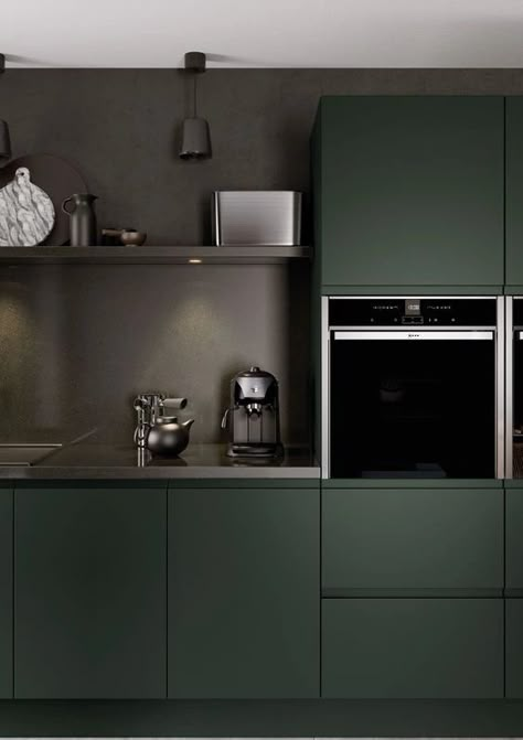 Statement Kitchen, Green Kitchen Designs, Dark Green Kitchen, Handleless Kitchen, Green Kitchen Cabinets, Dark Kitchen, Design Your Kitchen, Kitchen Room Design, Kitchen Plans