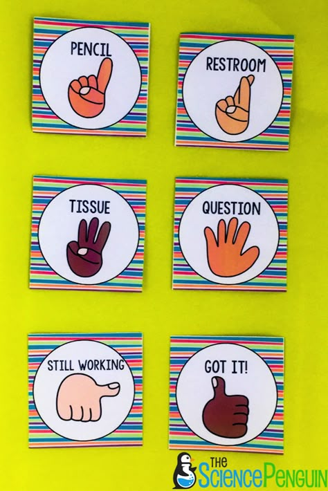 The Problems “Can I go to the bathroom?” “I need a Kleenex.” “I gotta sharpen my pencil.” A student’s hand is raised.  Does she need a pencil?  Does she need to use the restroom?  Or does she have trouble with a math problem? The Solution One of the best things I implemented in my classroom … Classroom Hand Signals, The Science Penguin, Science Penguin, Classroom Procedures, Hand Signals, Hand Gestures, Classroom Management Strategies, 2nd Grade Classroom, Class Management