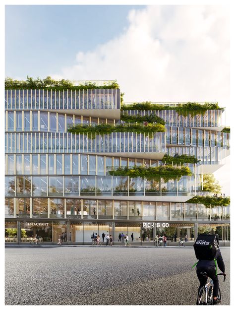 Mall Facade, Parking Building, Timber Architecture, Architecture Elevation, Office Building Architecture, Kengo Kuma, Timber Buildings, Mix Use Building, Architecture Building Design