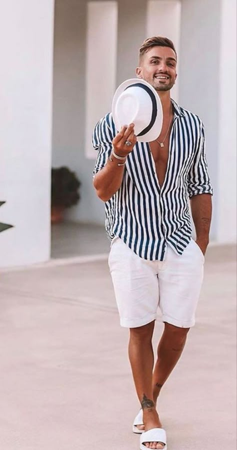 Vacation Outfits Men, Beach Outfit Men, Navy Striped Shirt, Mens Summer Outfits, Mens Casual Outfits Summer, Men Beach, Beach Outfits, Linnet, Men Fashion Casual Outfits