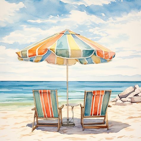 Tropical Watercolor Vacation, Ocean Water Beach House Print, Chairs & Umbrella Beach Art Print Beach Umbrella Watercolor, Beach House Watercolor Painting, Beach Chair Pictures, Vacation Drawing Ideas, Beach Chair Painting, Beach Chair Drawing, Beach Umbrella Illustration, Beach Umbrella Drawing, Beach Chair Illustration