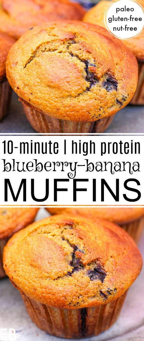 Use up those bananas and fresh or frozen blueberries. Great recipe! Blueberry-Banana Muffins take just 10 minutes to mix up, they're Paleo, Gluten-free and Nut-free! Awesome for snacks, breakfast, or alongside any meal. || Eat Beautiful | paleo blueberry muffins | paleo banana muffins | healthy muffin recipe | gluten-free blueberry banana muffins | nut-free | #blueberry #muffins Paleo Blueberry Muffins, Blueberry Banana Muffins, Paleo Banana Muffins, Muffins Paleo, Eat Beautiful, Healthy Muffin, Healthy Banana Muffins, Banana Blueberry Muffins, Muffins Healthy