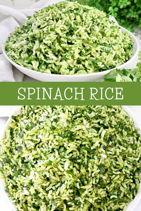 Spinach Rice ~ Fluffy white rice mixed with fresh spinach and cilantro for an easy and flavorful side dish. Green Rice Recipe With Spinach, Fresh Spinach Side Dish Recipes, Spinach Fried Rice, Rice And Spinach Recipes Side Dishes, Recipes For Fresh Spinach, Spinach Rice Recipe Easy, Rice Spinach Recipe, Rice And Spinach Recipes, Spinach And Rice Recipes