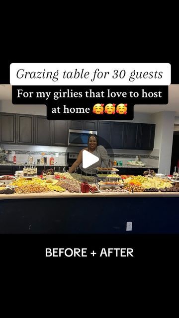 Deb Lester on Instagram: "Watch us build a grazing table on my kitchen island 

#grazingtable #charcuterieboards #hostinhomeideasblackpeople #dinnerideas #christmassetupideasblackpeople #kitchenislandmagic #socializeinstyle #foodloverideas" Setting Up A Buffet Table At Home, Grazing Table Ideas 20 People, Island Food Display, Kitchen Island Food Display Party, Thanksgiving Grazing Table, Grazing Table For 50 People, Baby Shower Grazing Table, Easter Brunch Table Decor, Appetizer Table Display