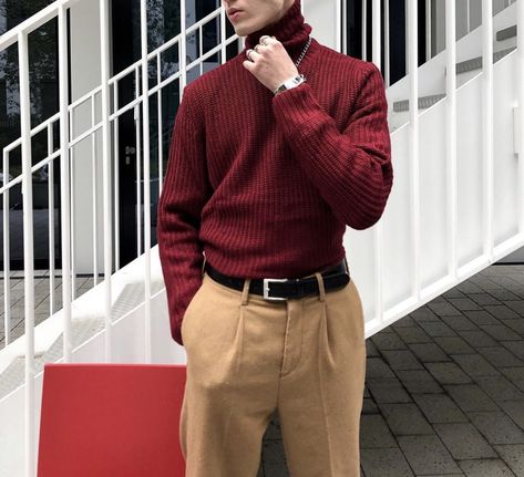 Dark Red And Brown Outfit, Red Dark Academia Outfits Men, Red Turtle Neck Outfit Men, Christmas Outfit Men Party, Red And Cream Outfit Men, Red And Brown Outfit Men, Men's Holiday Outfits Christmas Formal, Gryffindor Inspired Outfits Men, Christmas Boy Aesthetic