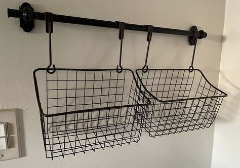 Hanging Baskets From Towel Bar, Hanging Basket From Towel Bar, Wire Hanging Basket Ideas, Hair Tools Organizer, Wire Baskets On Wall Bathroom, Hanging Wire Baskets On Wall Bathroom, Hanging Wire Basket Bathroom, Cabinet Door Organizer, Black Wire Baskets Small 4 Tier For Kitchen To Hang