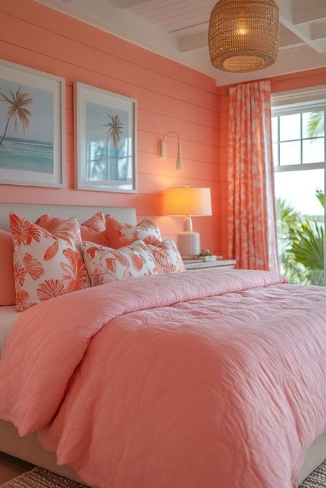 Coral Colored Bedrooms, Coral Wall Bedroom, Coral Walls Bedroom, Coral Bedroom Ideas For Adults, Fantasy Bedrooms, Fantasy Bedroom Ideas, Beachy Boho Bedroom, Peach Bedroom, Cloud Bedroom