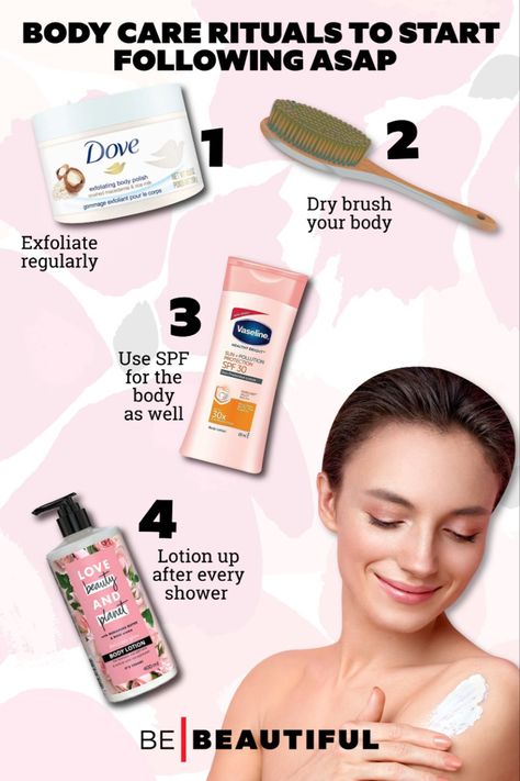 Body care rituals to follow Skin Home Remedies, Natural Face Pack, Quick Makeup Routine, Beauty Rituals, Quick Makeup, Perfect Skin Care Routine, Grooming Tips, Moisturizing Body Lotion, Pastel Room