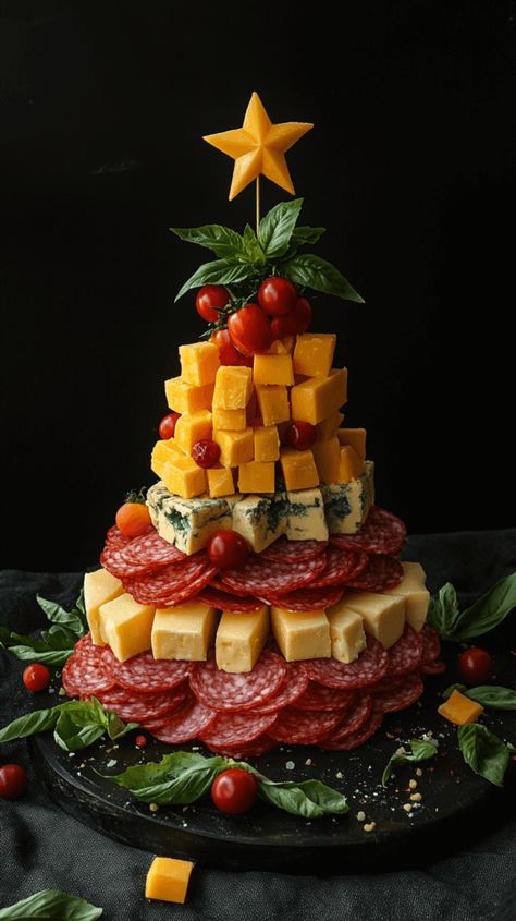 Realistic photo of a Christmas tree-shaped charcuterie board layered with fresh basil as a base, alternating layers of sharp cheddar cheese cubes and slices of salami, stacked to resemble a Christmas tree. The board has a star at the top made of cherry tomatoes, with small cheese stars throughout the "tree." Charcuterie Christmas Trees, Meat And Cheese Christmas Tray Ideas, Charcuterie Tree Christmas, Christmas Tree Charcuterie Tower, Christmas Tree Charcuterie Board Ideas, Christmas Meat And Cheese Tray, Creative Christmas Appetizers, Chartreuse Board, Charcuterie Christmas Tree