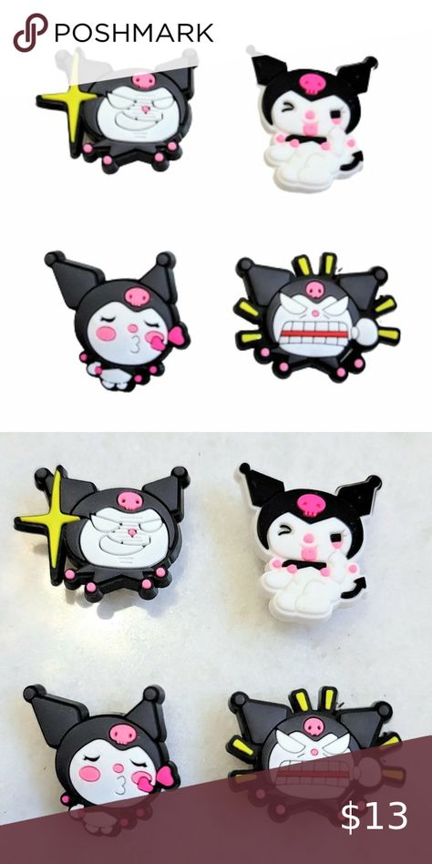 4 SANRIO KUROMI HELLO KITTY KAWAII CROC JIBBITZ SHOE CHARMS SET HARAJUKU CARTOON Croc Shoe Charms, Croc Jibbitz, Crocs Accessories, Sanrio Kuromi, Charm Set, Crocs Shoes, Shoe Charms, Harajuku, Hello Kitty