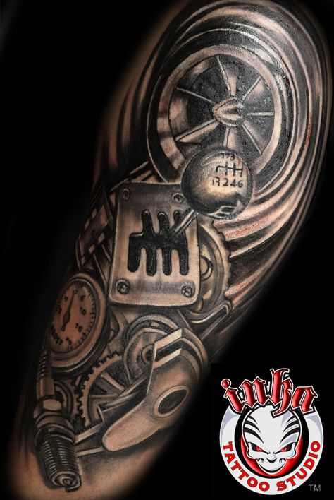 Engine Tattoos For Men, Car Guy Sleeve Tattoo, Car Part Sleeve Tattoo, Mechanics Tattoo Ideas, Car Part Tattoo Design, Auto Mechanic Tattoo For Men, Mechanic Sleeve Tattoo, Car Part Tattoo, Racing Tattoos For Men