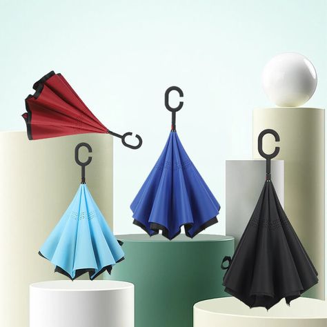 Inverted Reverse Upside Down Umbrella or Reverse Straight Umbrella for Car #Umbrella Upside Down Umbrella, Car Umbrella, Folding Umbrella, Cloth Material, Different Light, Simple Image, Having A Baby, Long Handles, Upside Down