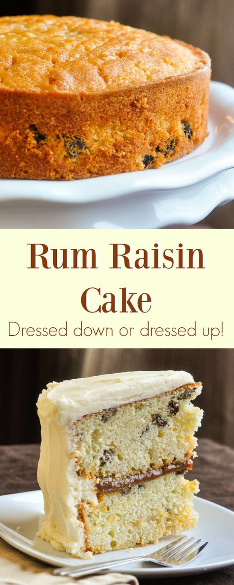 Rum Raisin Cake - here's a delicious taste of the Caribbean with rum soaked raisins baked into a vanilla cake, then soaked in more rum. Boozy but delicious! Enjoy it plain or dress it up with a caramel filling and rum buttercream frosting. Rum Buttercream Frosting, Fruit Cake Ideas, Cake Ideas Buttercream, Rum Buttercream, Rum And Raisin Cake, Raisin Cake, Rum Cake Recipe, Raisin Recipes, Caramel Recipe