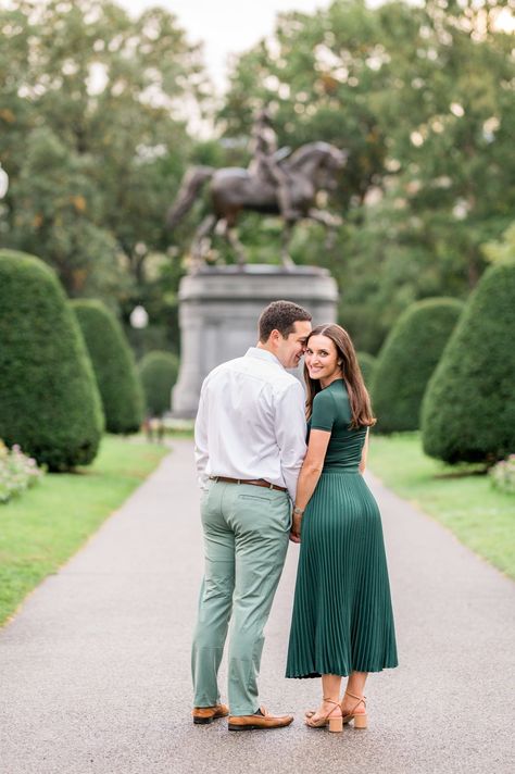 Engagement Photos Boston Public Garden, Boston Common Engagement Photos, Green Monochromatic Outfit, Beacon Hill Engagement Photos, Light And Airy Engagement Photos, Airy Engagement Photos, Engagement Photos Park, Boston In The Fall, Boston Fall