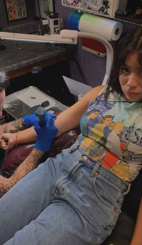 Tattoo Appointment Aesthetic, Showing Off Tattoo Pose, First Tattoo Aesthetic, Prom Suit Female, Getting A Tattoo Aesthetic, Getting Tattooed Aesthetic, Tattoo Parlor Aesthetic, First Job Aesthetic, Coffin Tattoos