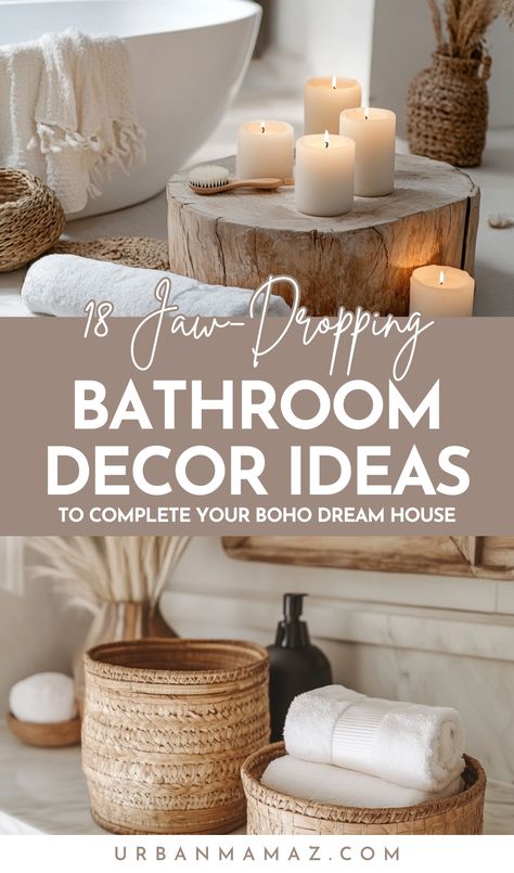 Looking for stunning Boho bathroom decor ideas to add character to your space? Check out this list of 18 jaw dropping bathroom decor ideas to complete your boho dream house! Extra Bathroom Decor, Boho Modern Powder Room, Dried Flower Bathroom, Boho Bathroom Storage Ideas, Bathtub Staging, Boho Style Bathroom Ideas, Boho Beach Bathroom Decor, Bathtub Ledge Decor, Cozy Bathroom Decor Ideas