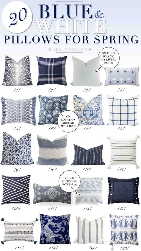 20 Blue and White Pillows You Need to See this Spring | Kelley Nan | How to mix and match throw pillows for summer. #throwpillows #springdecor #bedroomdecor #blueandwhitedecor #throwpillow Blue Willow Decor Living Room, Throw Pillows For White Bedding, Blue And White Living Room Throw Pillows, Blue Throw Pillows On Couch, Blue Decor Pillows, Wood Projects Furniture, Furniture Space Saving, Small Bathroom Paint Colors, Painted Furniture Ideas