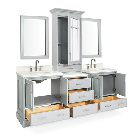 Double Vanity Bathroom Storage, Luxury Double Vanity Bathroom, Bathroom Double Sink Vanities Master Bath, Double Vanity With Center Cabinet, Bathroom With Counter Cabinet, Small Dual Sink Vanity, Bathroom Storage Over Toilet Cabinet Master Bath, Bathroom Vanity With Countertop Cabinet, Small Bathroom Double Vanity Ideas